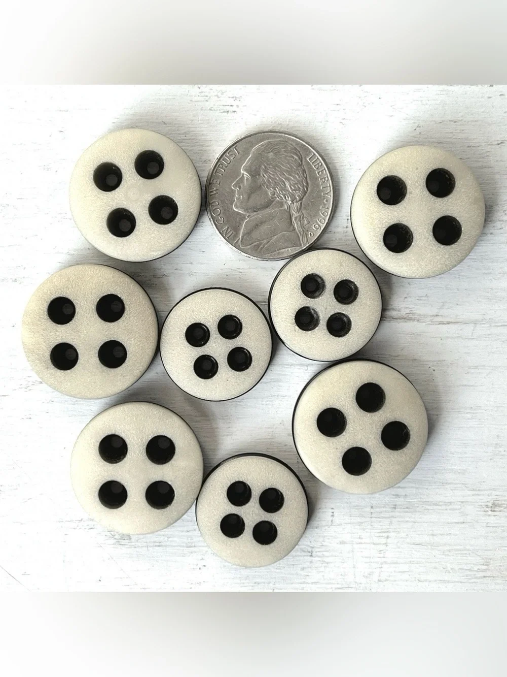 8 Unusual Vintage Round Plastic 4 hole Buttons w Groove Off White/Black Sanded F